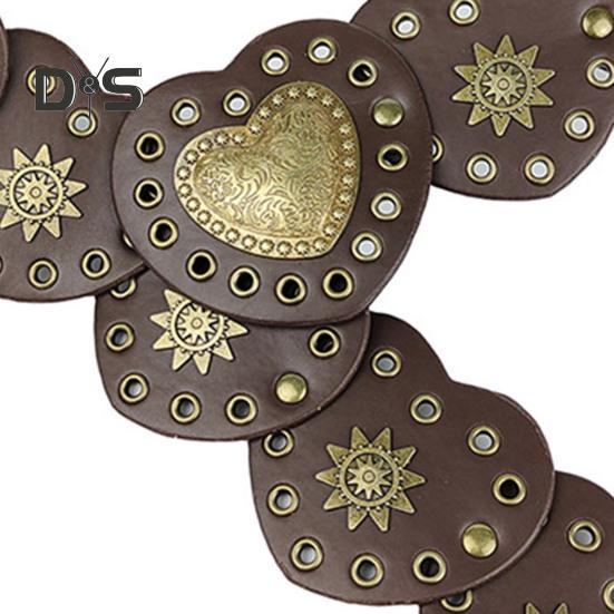 Retro Western Cowboy Belt Hollow Hole Metal Heart Stitching Waistband Solid Color Faux Leather Adjustable Belt Costume Accessories