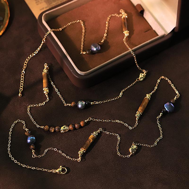 Natural Dyed Pearl Copper Block Tiger Eye Sweater Chain Adjustable Design Handmade Necklace Women s Jewelry GN0826A