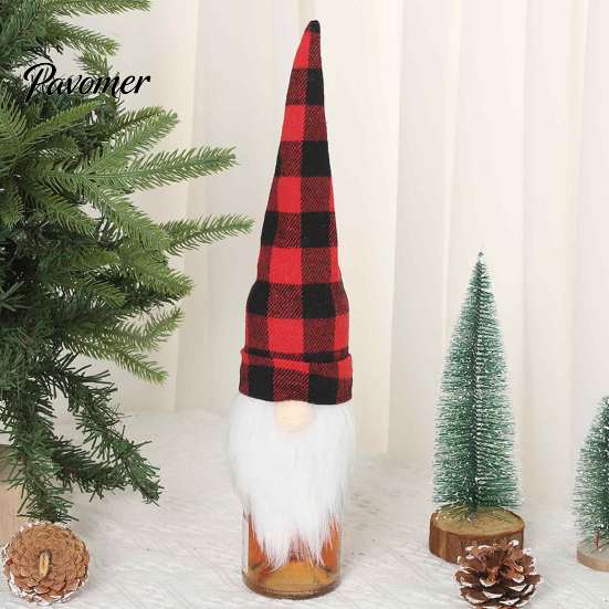 Cute Santa Gnome Ornament Christmas Wine Bottle Cover, Fluffy Artificial Beards Decor, Plaid Festive Kitchen Counter Decor Toppers for Holiday