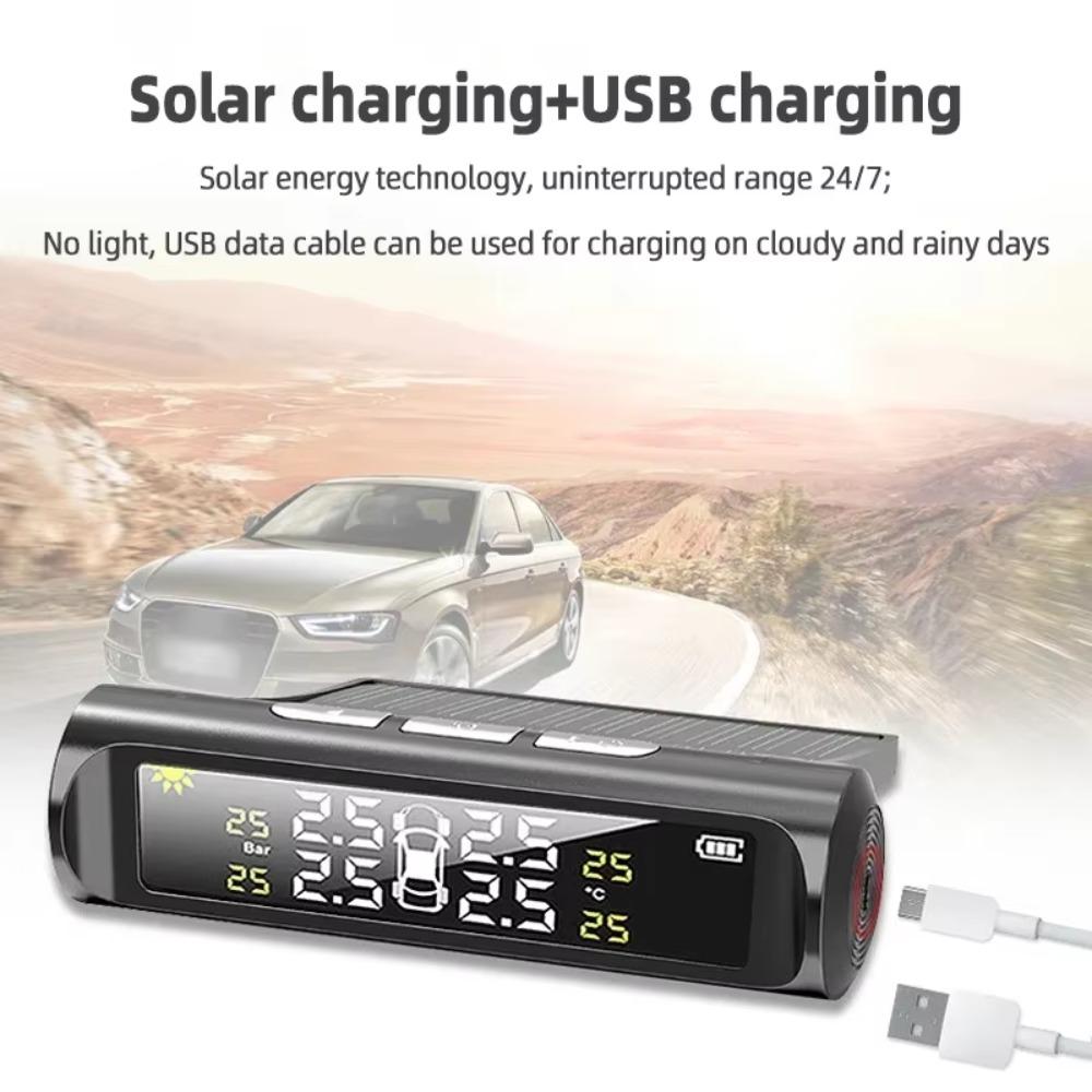 Solar TPMS Tire Pressure Monitor System 4 Sensors Real-time LCD Display USB Charging