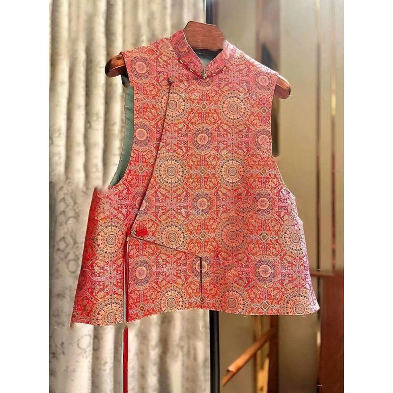 

Встречное снятие Хвостовой заказ Фэнси Супер Милый Красный Новый Китайский Стиль Парчовый Жилет Династии Сун Диагональная застежка Воротник-стойка Топы Женские Red S