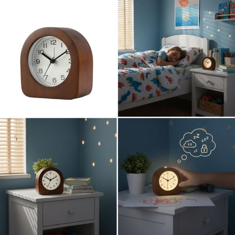 Quiet Kids Wood Analog Alarm Clock with Soft Night Light Battery Operated for Bedsides Use with Easy Snoozes Function