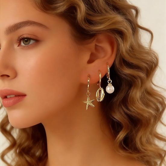3 Pairs Women Coastal Hoop Earrings Starfish Seashell Faux Pearl Charm Dangle Hoop Earrings Summer Beach Earrings for Holiday Daily Wear