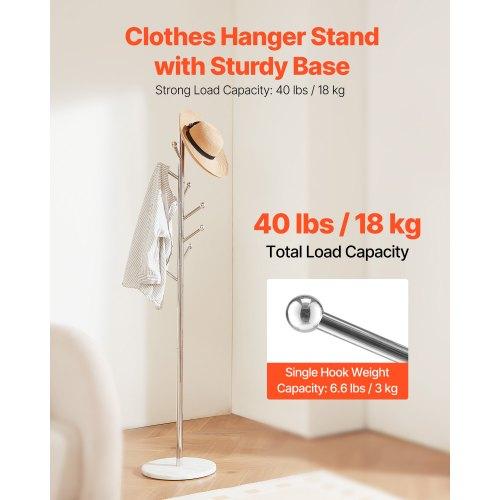 VEVOR Coat Rack, Freestanding Coats Rack Stand with Stable Marble Base & 8 Hooks, Free Standing Hall Coat Tree for Entryway, Bedroom, Office