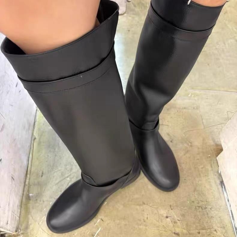 New round head belt buckle high boots women's versatile leather thick heel wide tube knight boots