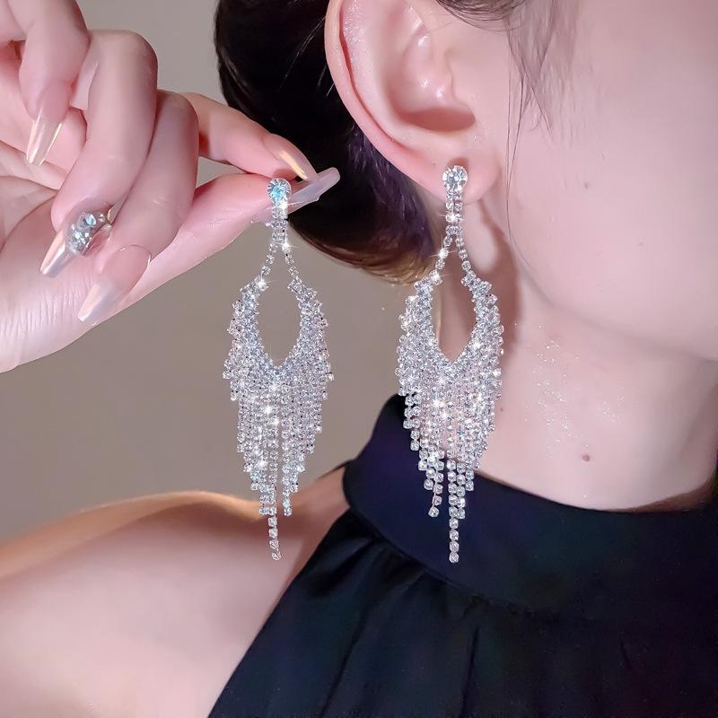 Exaggerated Geometric Long Fringed Earrings Super Flash Earrings Versatile Temperament Fashion Studs Rhinestone Earrings Women