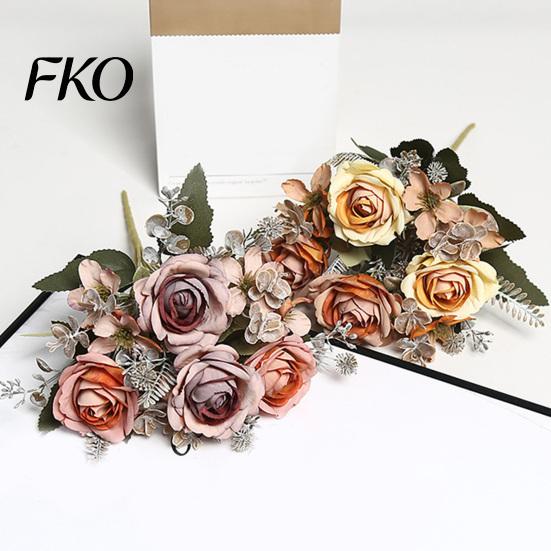 Faux Fern Leaves Artificial Rose Flowers Bouquet for Wedding Bridal, Fake Light Luxury Floral Arrangement Home Decoration And Photography Props,