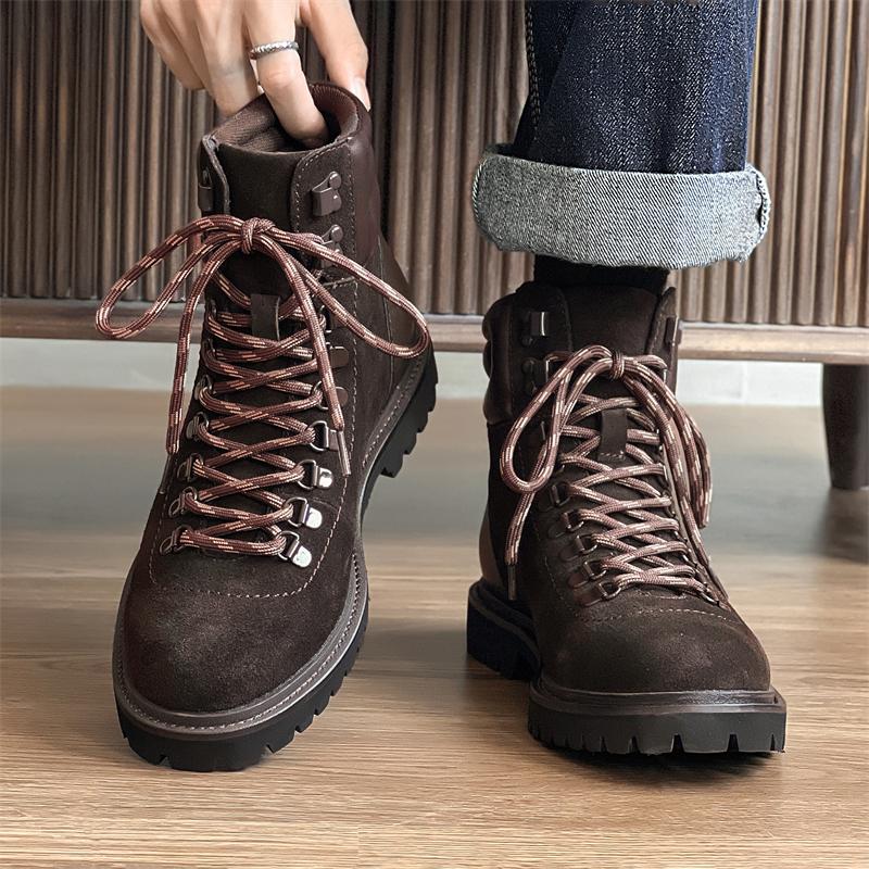 Mens Hiking Boots 2024 Men's Retro British Style Casual  Lace-Up Comfort Outdoor Trend Men's Platform Motorcycle Boots