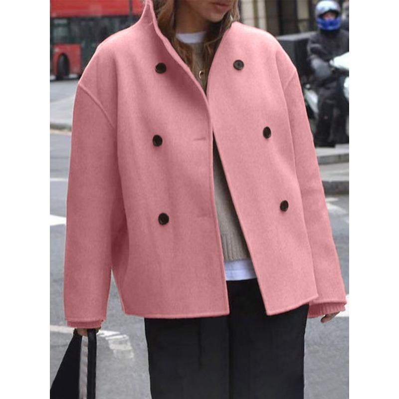 Women European Size Solid Color Double Breasted Woolen Casual Coat Outerwear