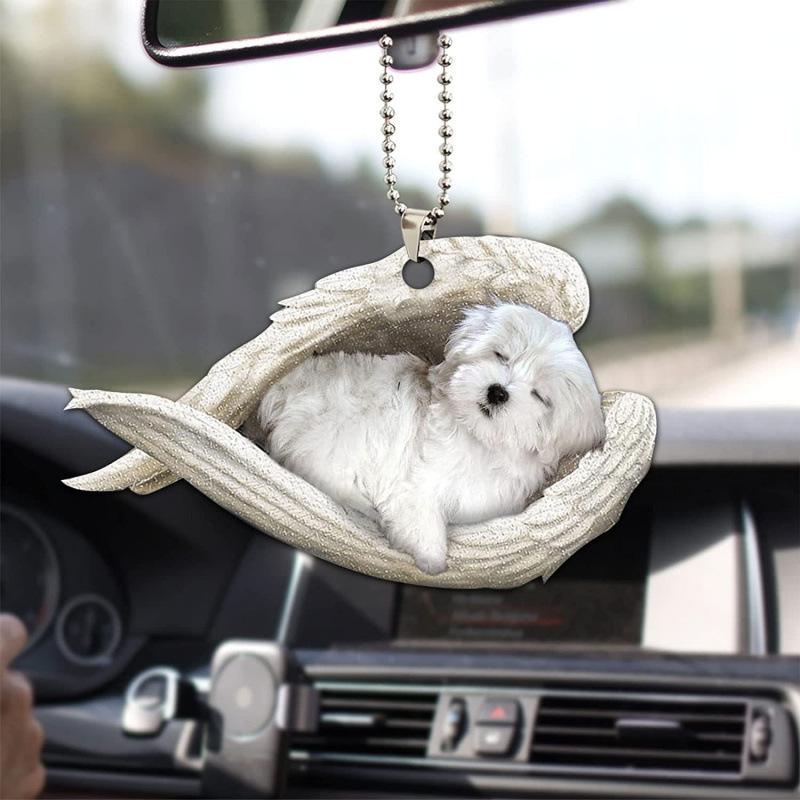 Creative Sleeping Angel Wing Puppy Memorial 2D Flat Car Rear View Mirror Accessories Ornament Decoration Hanging Charm Pendant