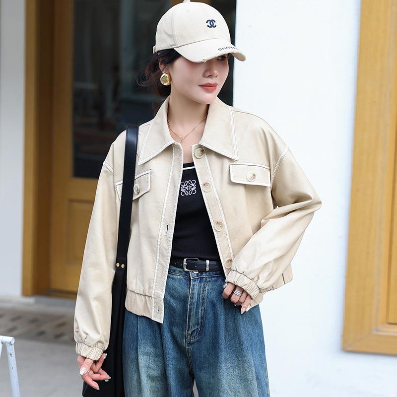 Short Leather Jacket for Women, Spring and Autumn, Small, High-end, Korean Style, Loose, Casual, Versatile, Topstitched Leather Jacket, Coat