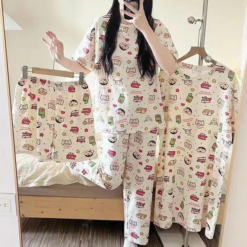Pajamas women's summer round neck short-sleeved nightgown summer loose cropped pants loungewear set