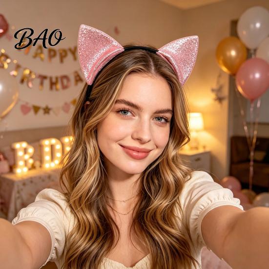 Cat Ear Headband Furry Ears for Women, Glitter Hair Flexible Band Costume Accessory Halloween Cosplay Party And Masquerade Events Comfortable