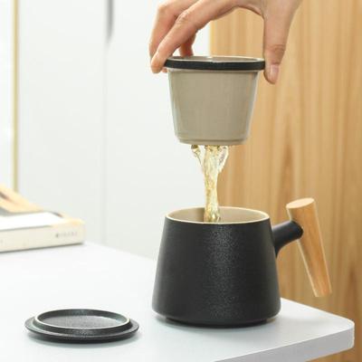 Ceașcă de ceai din ceramică de 350 ml cu capac și capac pentru infuzor Filtru mâner din lemn, ceașcă cu lapte, cafea, suc, pahar, căni cu apă, băuturi