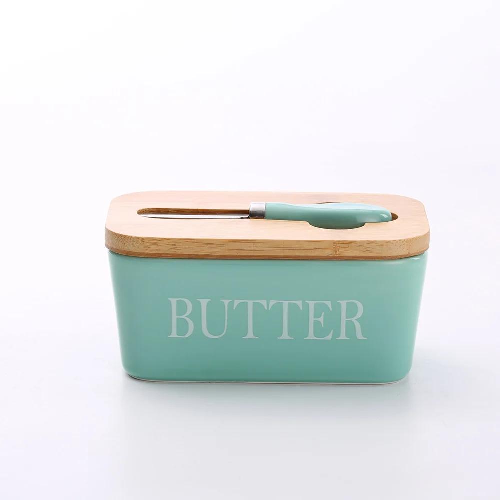 Ceramic Butter Box Butter Dish with Bamboo Lid and Knife Ceramic Butter Container with Lid for Countertop Butter Keeper Holder