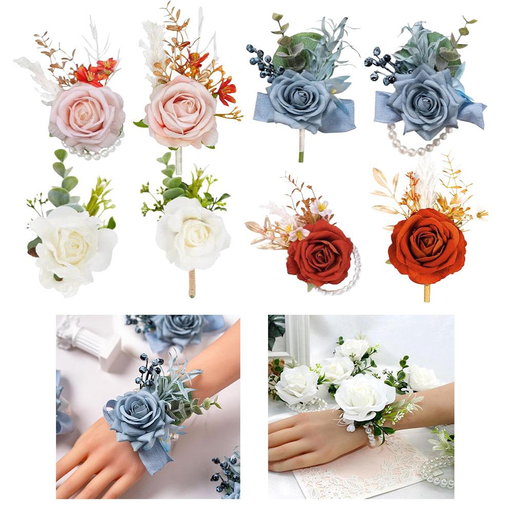 2Pcs Corsage And Boutonniere Set Artifical Rose Flower For Bridal Wedding Accessories Wrist Corsage Bracelets Corsages Wristlet