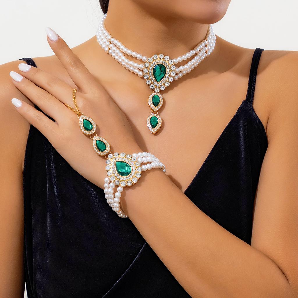 Multilayer Elegant Imitation Zircon Chain Necklace Bracelet for Women Creative Water Drop Rhinestone Zircon Set Wed Accessories
