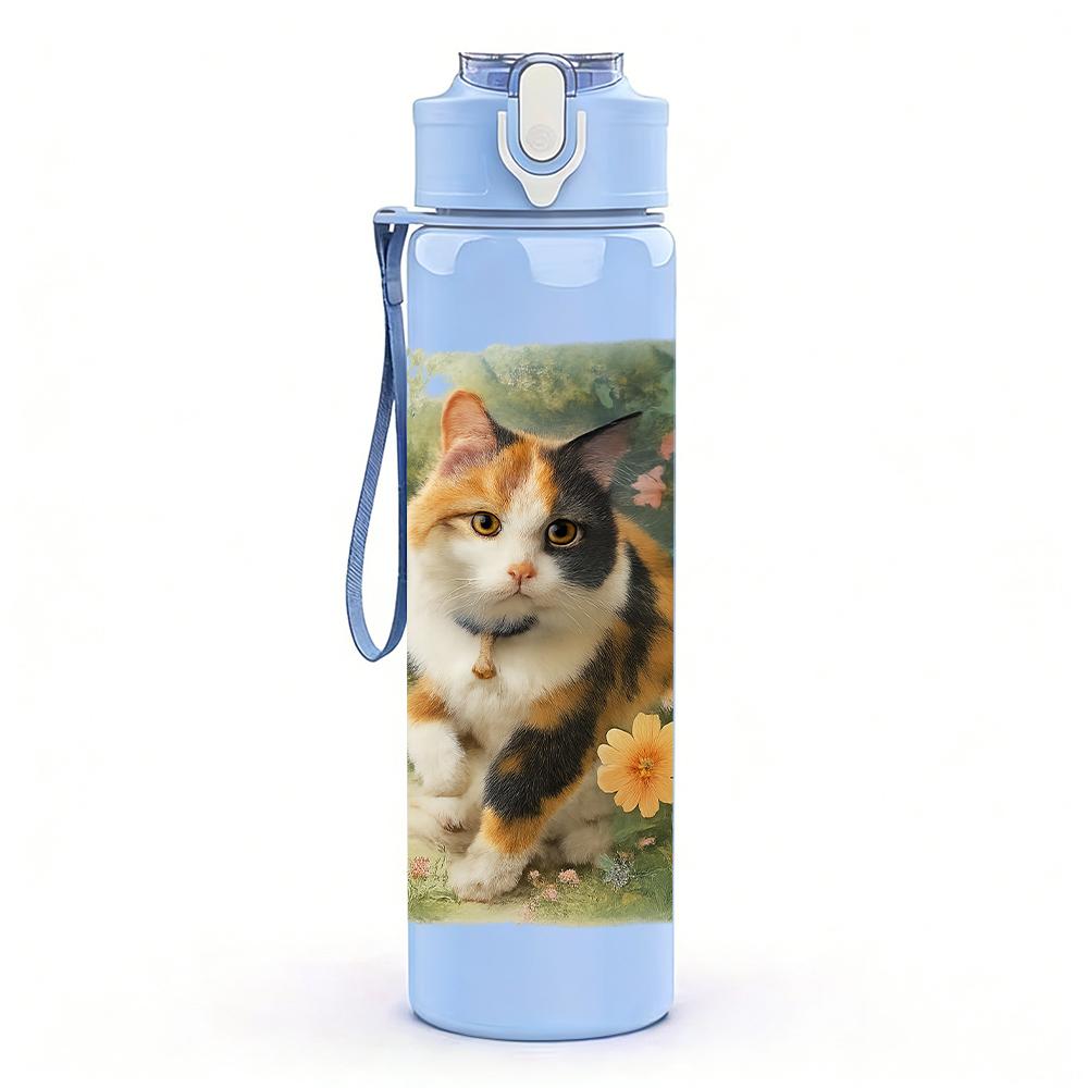 1PC Autumn Tabby Cat Floral Portrait 750ml Color Plastic Sports Water Bottle Leakproof Flip Straw Lid Suitable for Sports Office Home Use