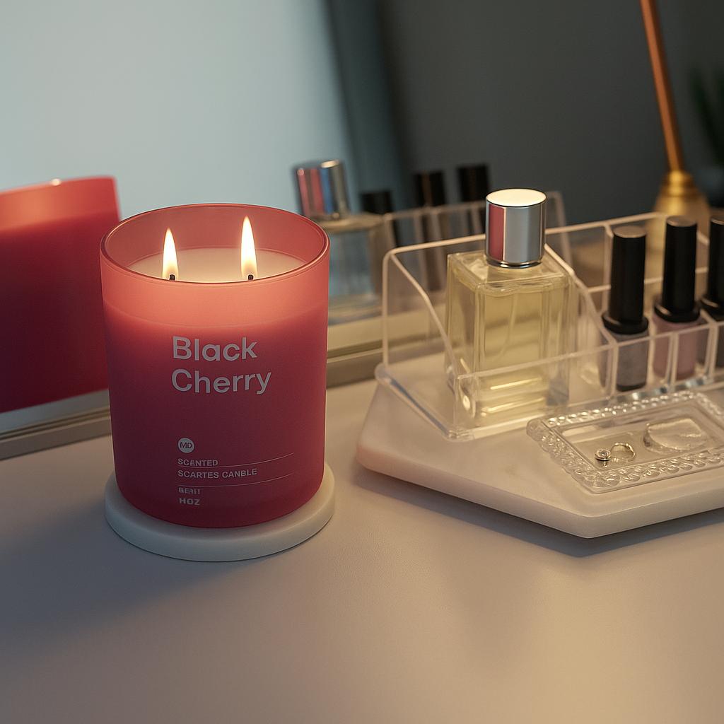 470g Luxury Black Cherry Scented Candle – High-Throw Aroma, Colored Glass Jar with Metal Lid for Lasting Elegance