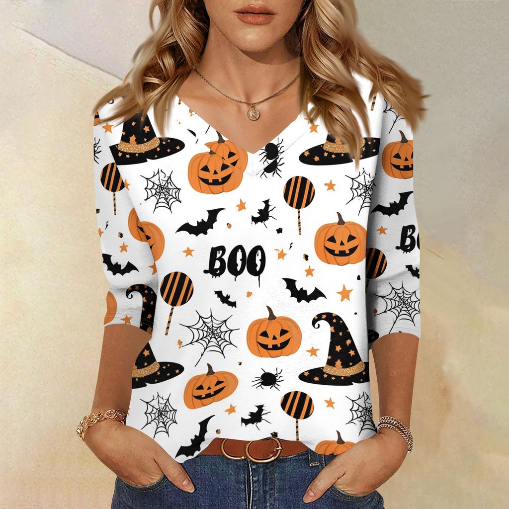 Women's Casual Halloween Print V Neck Three Quarter Sleeve Top Lightweight Soft Fabric Comfortable Fit Stylish Fall Shirt