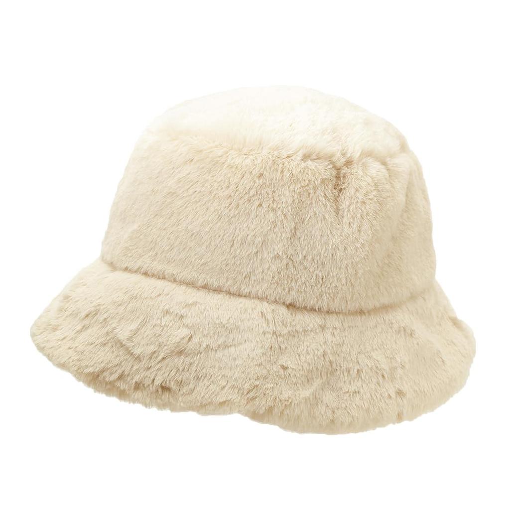 ICHIYON Fur Bucket Hat for Available in and Warm and Solid [14+ PLUS] Women's Fall/Winter, Black, Mocha, Ivory, Thick, Colors, chat0796-iv /