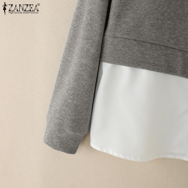 ZANZEA Damen Umlegekragen Langarm Patchwork Pullover Dünnes Sweatshirt
