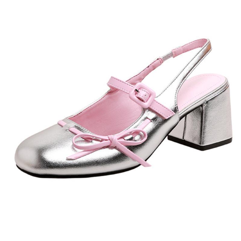 Patent Leather Mixed Color Chunky Mary Jane Shoes Women Sweet Round Toe Bowknot Sandals Fashion Party Buckle Wedding High Heels