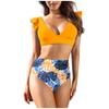 Maillot de bain bikini taille haute imprimé à volants et coussinet de poitrine pour femme, sans soutien-gorge en acier
