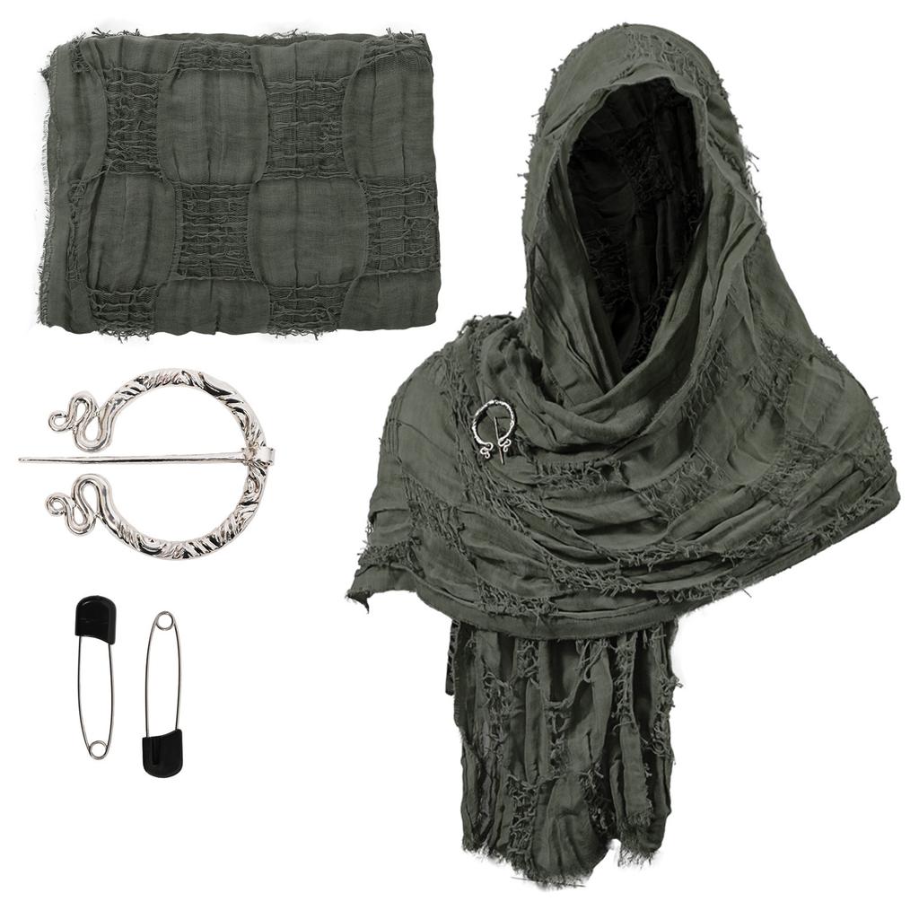 Medieval Shawl Wrap Post Apocalyptic Cosplay Cloak Breathable Cotton Blend Distressed Scarf with Pin for Halloween Party
