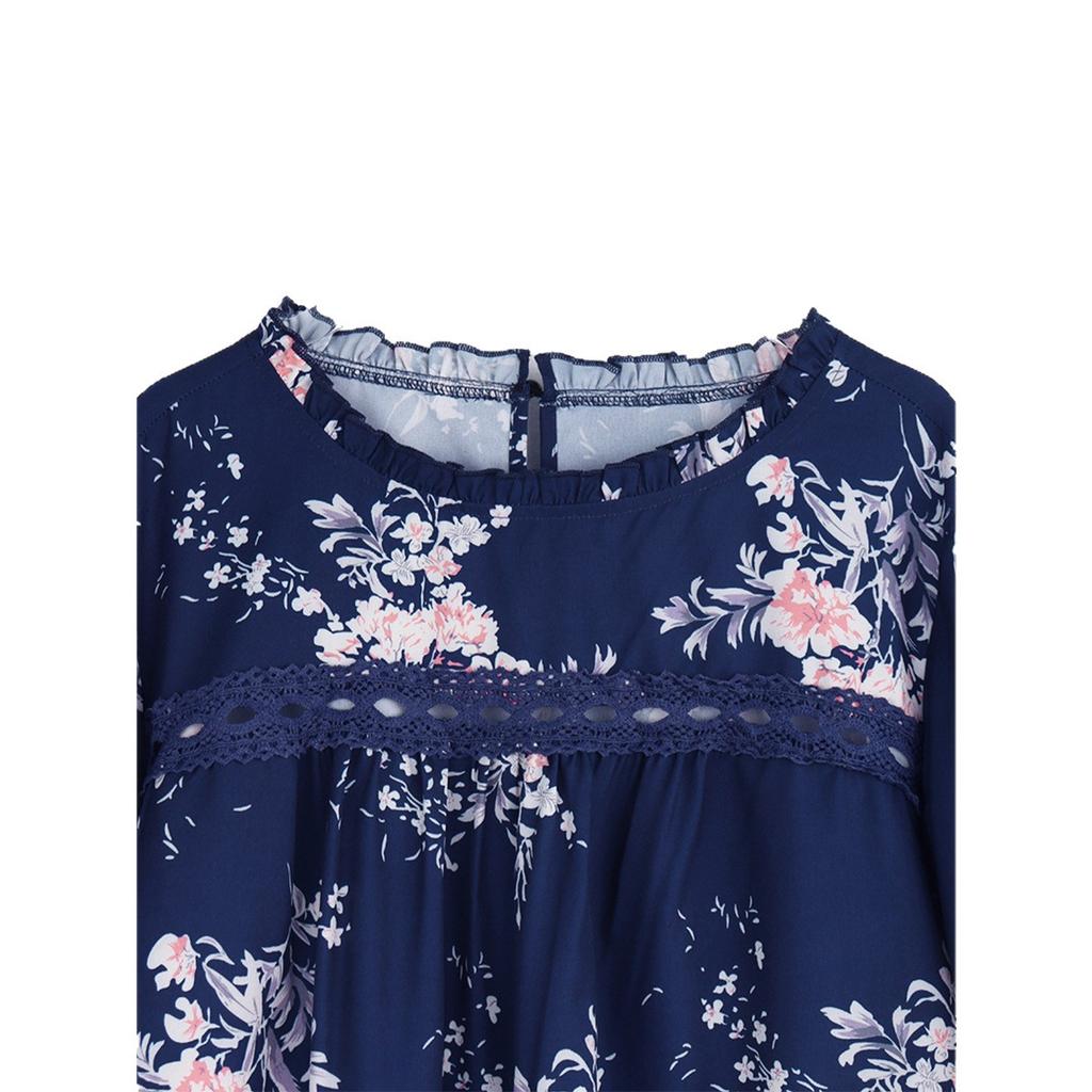 Amazon's new loose top fat mm meat cover top navy blue floral lace-up wooden ear edge loose short-sleeved T-shirt