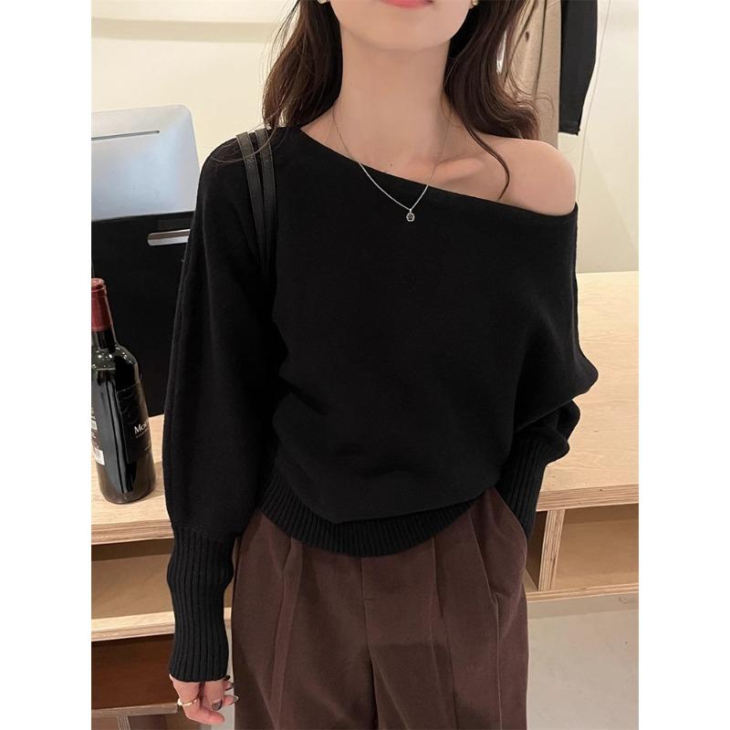 Temperament slanted shoulder one-word neck bottoming shirt women's spring relaxation loose knitted sweater with gray top inside