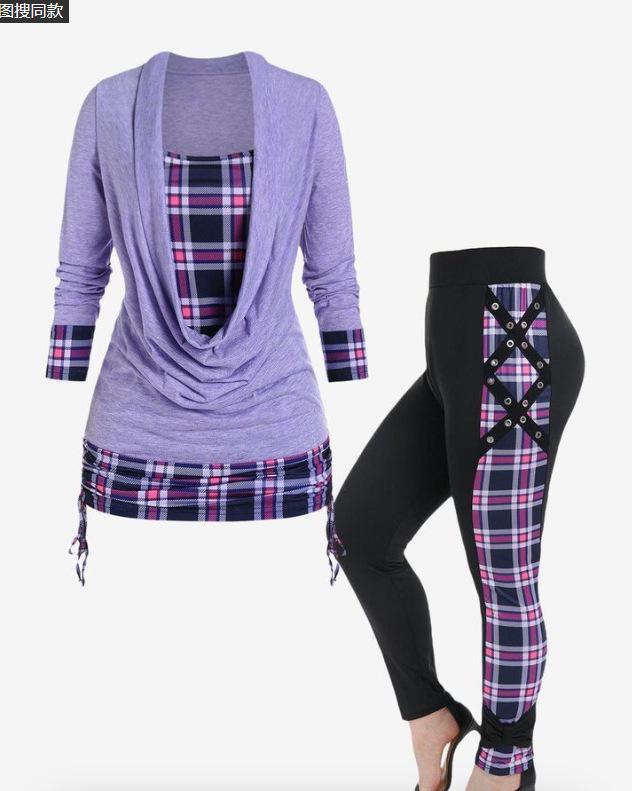 2024 autumn new TEMU hot cross-border takeaway casual fashion splicing contrasting color suit women S фиолетовый