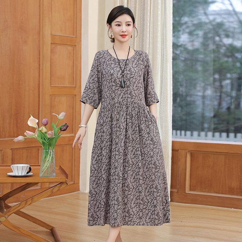 Women's Round Neck Five-Point Sleeve A-Line Floral Print Midi Dress Loose Casual Vintage Style Summer Daily Mom Long Dress