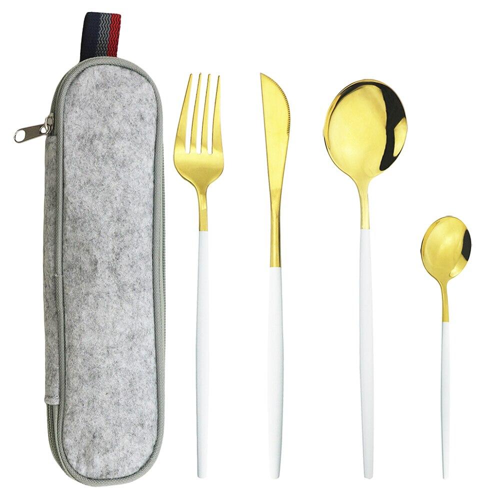 Mátově zelená zlatá sada nádobí Sada příborů na cesty, kemping, nůž, vidlička, lžíce, přenosná šedá taška, sada nádobí z nerezové oceli