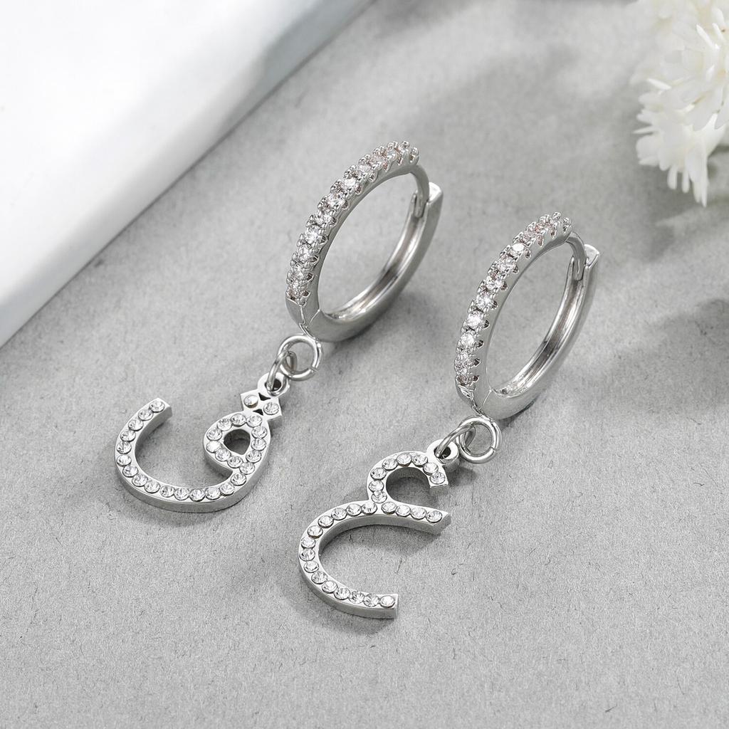 Arabic Letter Earring Iced Out Cubic Zirconia Round Initial Earring Personalized Stainless Steel Women Earrings Islamic Jewelry