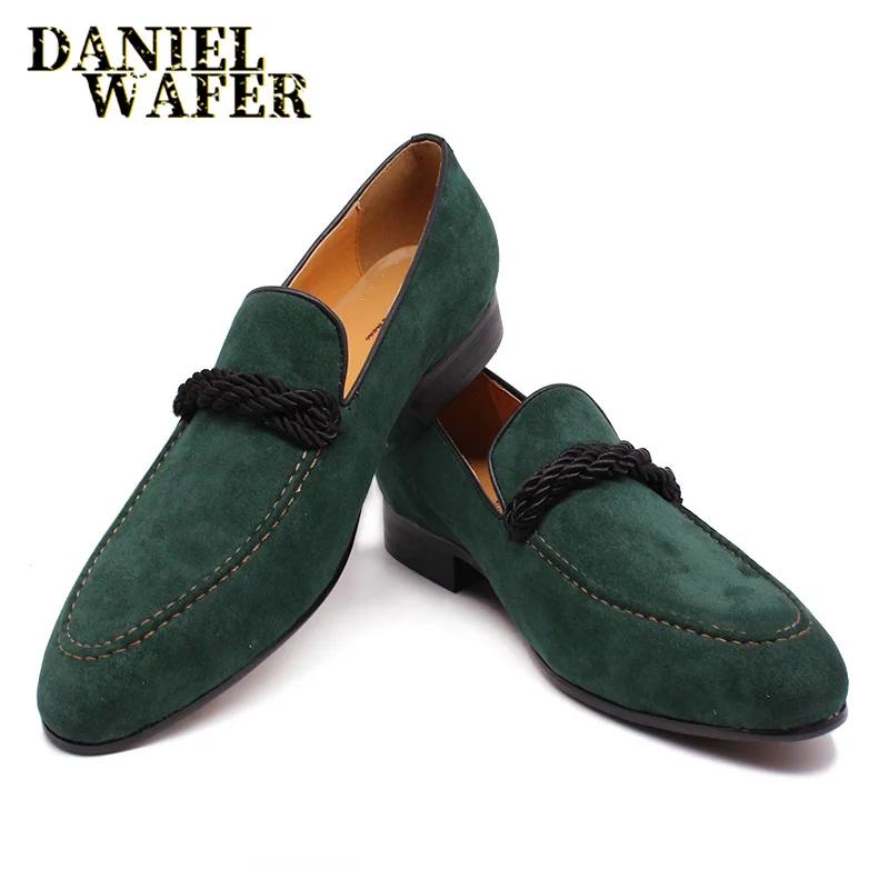 Fashion Luxury Brand Men's Suede Loafers Handmade Slip on Green Causal Shoes Penny Loafer Formal Dress Office Wedding Leather Shoes Men