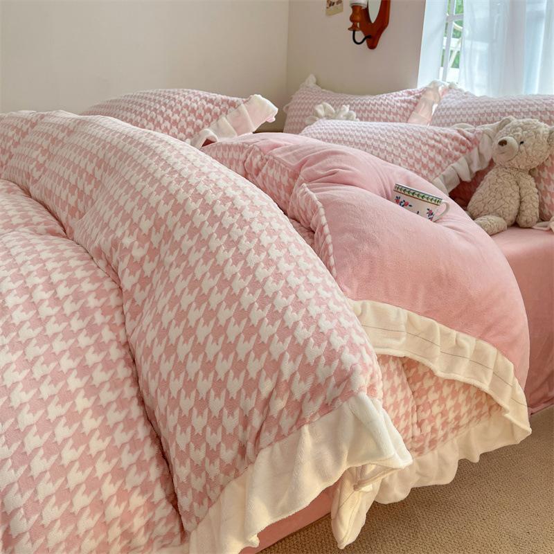 Double-Sided Thickened Milk Coral Fleece Bed Four-Piece Set Flannel Bedding Bed Skirt Fleece Sheet Quilt Cover