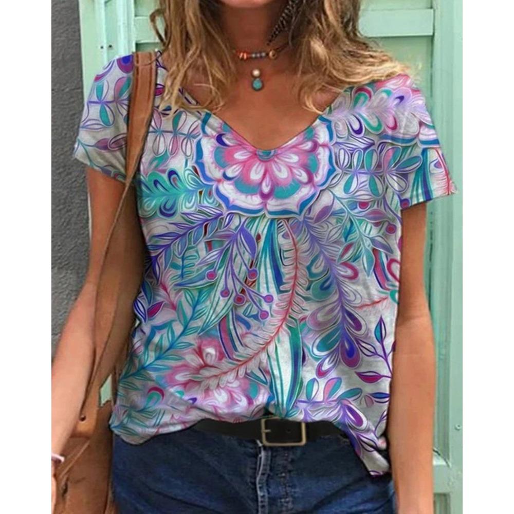 Summer Flower T-Shirts Floral 3D Print Women V-Neck Short Sleeve T Shirt Y2k Harajuku Oversized Tees Tops Female Street Clothing