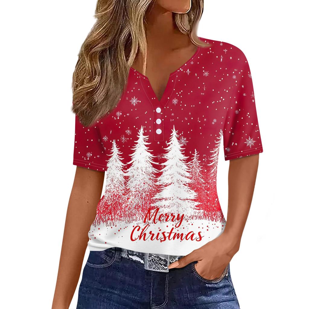 Women's T Shirt Christmas Print Button Short Sleeve Daily Weekend Fashion Basic V- Neck Regular Top