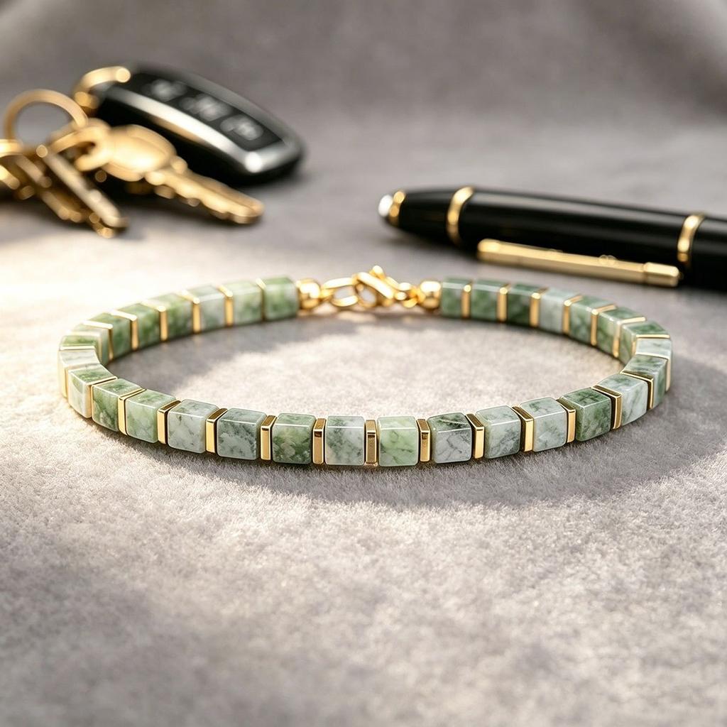 Casual Style Aventurine Stone Square Beaded Money Bracelet, Attracting Wealth, Abundance, and Prosperity, Handmade Natural Stone Skin-Friendly Jewelry