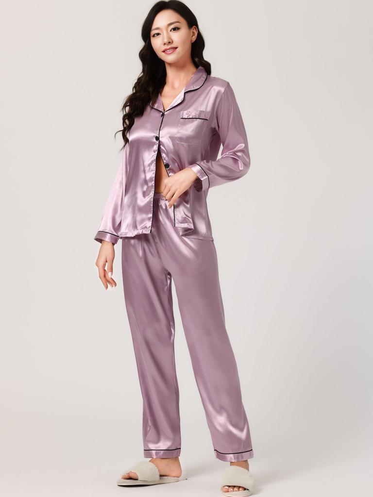 Allegra K Long Sleeve Pajama Light Size L Women's Set, Open-Front Pajamas, Loungewear, Nightsuit, Purple,