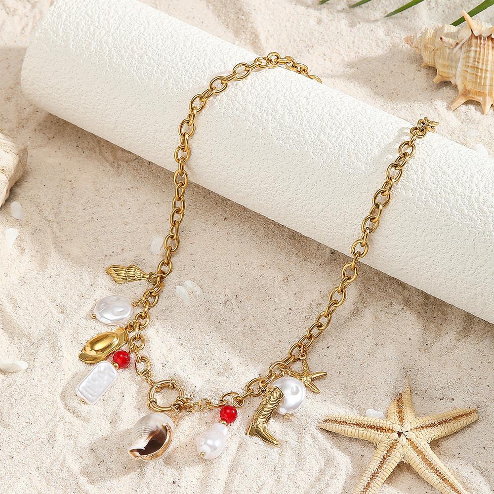 Collier Ocean Star en acier inoxydable avec pendentif coquillage géométrique pour un style unisexe