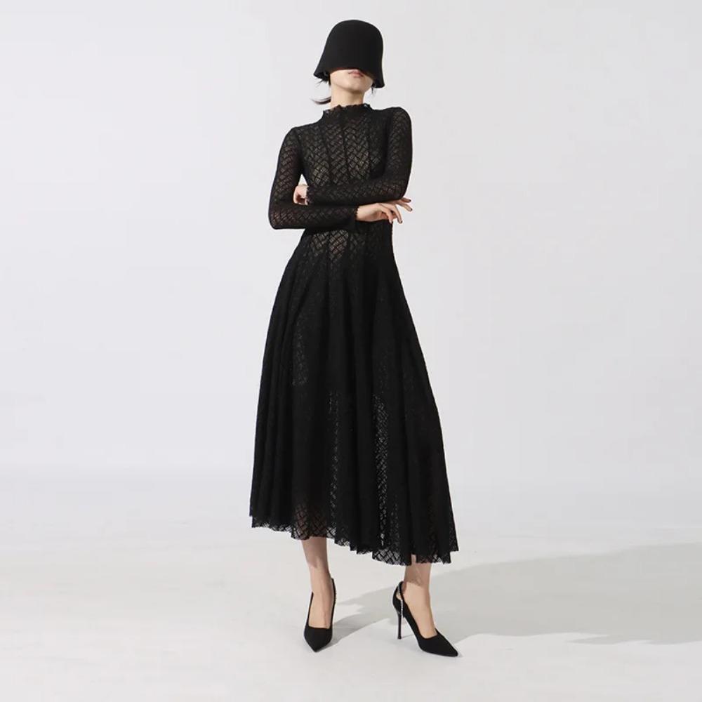 Hollow Out Mesh Maxi Dress High Collar Slim Fit Long Sleeve Robe High Waist Pleated Party Dresses New Lady Fashion Clothing