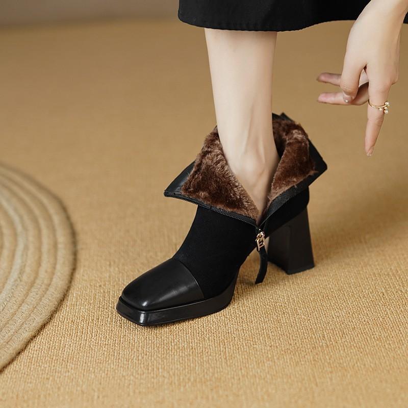 

Retro square head thick heel splicing Martin boots 2024 winter velvet thickened warm outdoor boots high heel short boots women 40