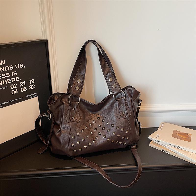 Women's Retro Punk Motorcycle Tote Bag with Rivets - Large Capacity, Fashionable Handheld or Shoulder Style