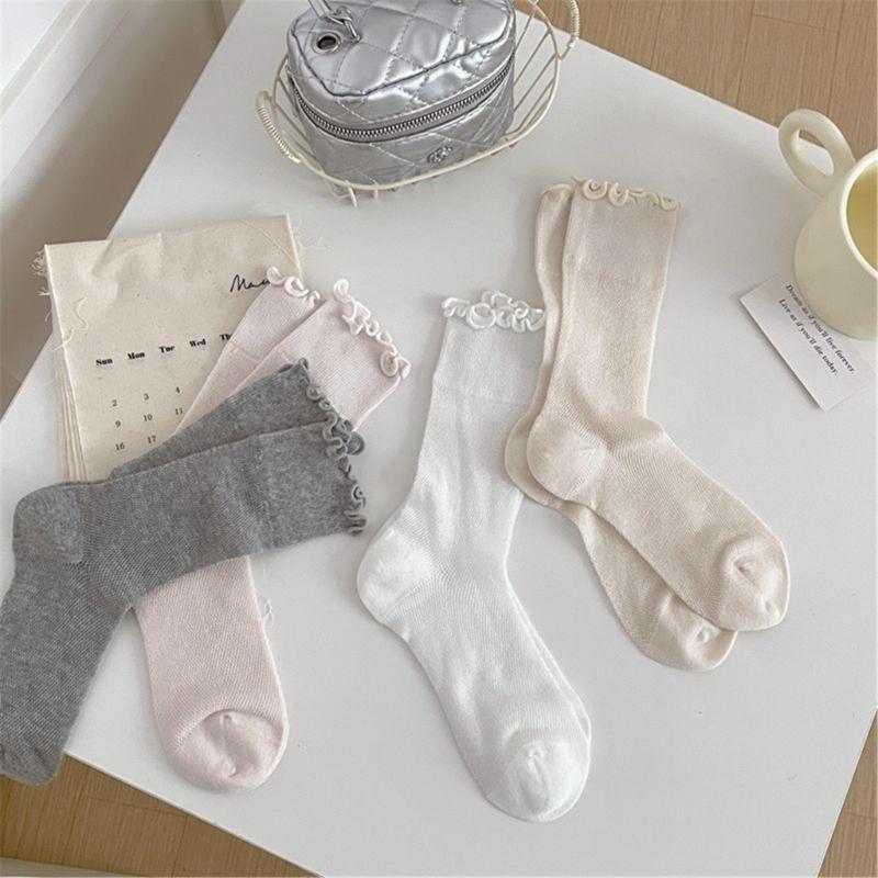 Elegant Hollow Out Breathable Mesh Middle Calf Socks Seamless Cotton Solid Color Ruffle Turn Cuff Crew Socks for Women