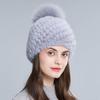 Women Winter Real Mink Fur Beanie Hat With Sliver Fox Pompom Warm Woven Knit Lined Caps Female Fashion Winter Hat