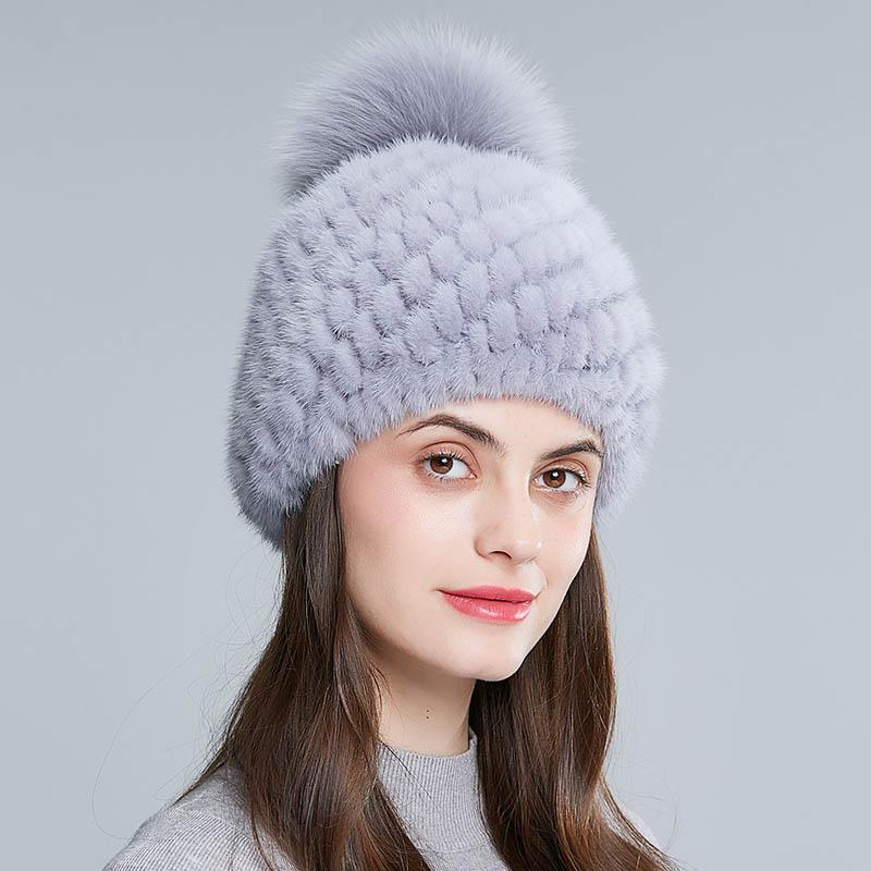 Women Winter Real Mink Fur Beanie Hat With Sliver Fox Pompom Warm Woven Knit Lined Caps Female Fashion Winter Hat