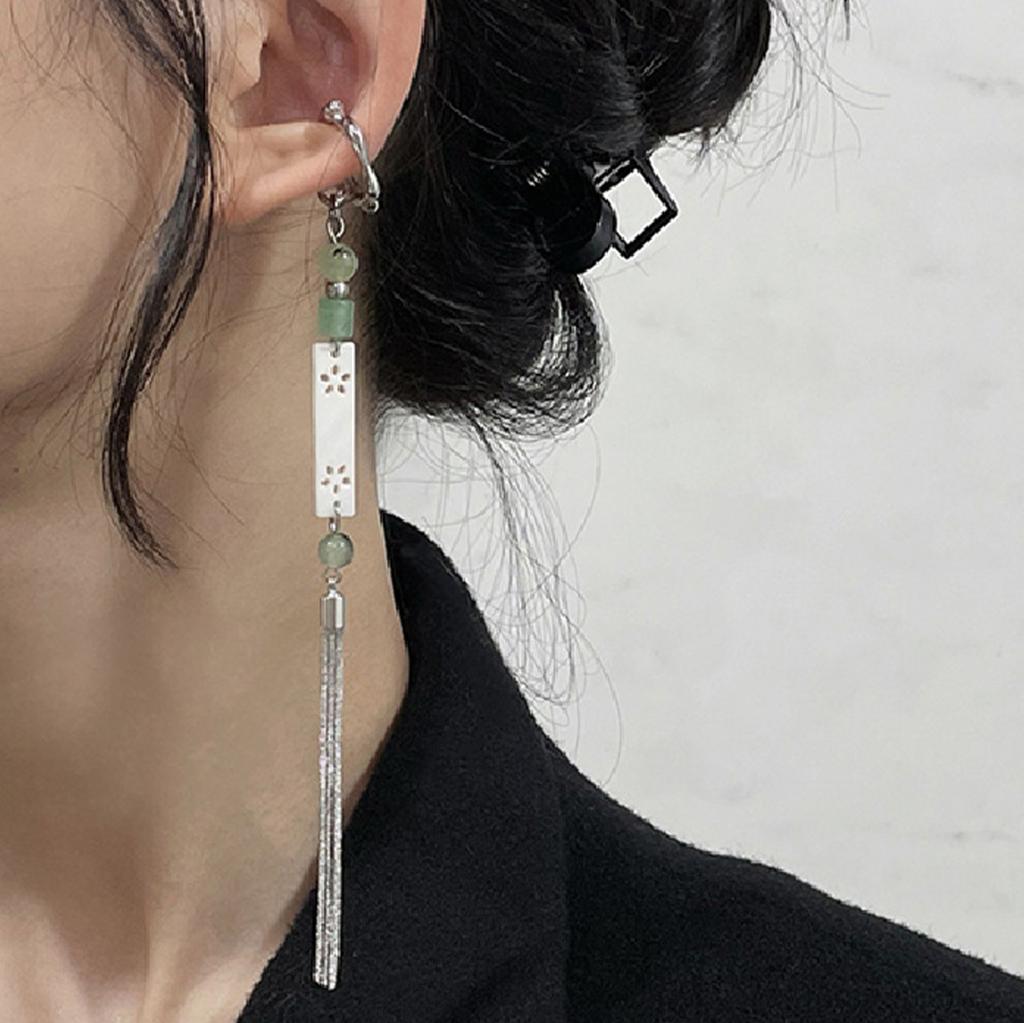 Chinese Style Ear Cuffs Clip On Earring for Non Pierced Ears Long Tassel Dangle National Style Ear Clip for Women Girls