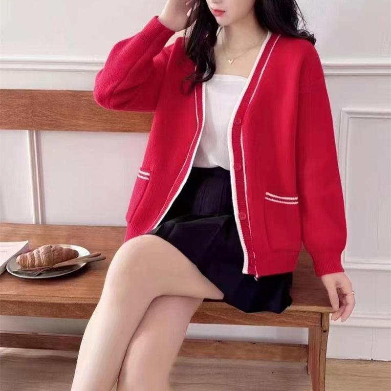 Autumn new knitted cardigan women's lazy V-neck long-sleeved versatile small fragrant sweater jacket